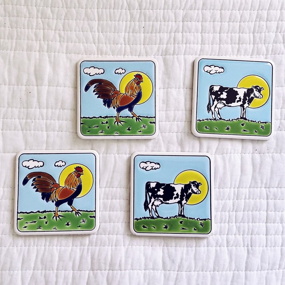 Vintage Country Farm Ceramic Coasters Cow Rooster Chicken Farmhouse Kitchen